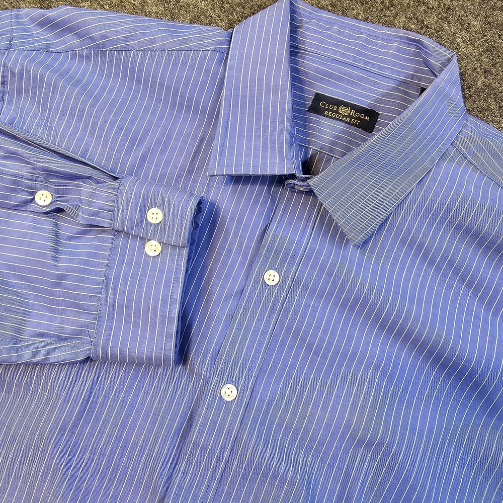 Club Room Regular Fit Dress Shirt Blue White Stripe Mens 18.5 34/35 Cotton